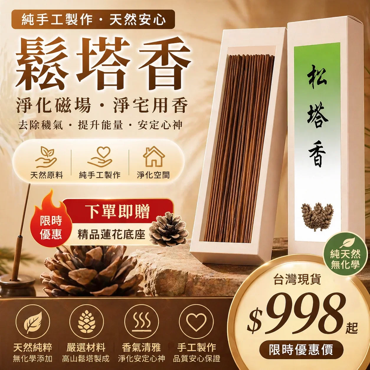 【純手工鬆塔香】🌲磁場淨化の招財祕器🔥 🌿一定要試試這個👉松塔香香香🌲 ✅鎮宅辟邪🛡️天然松脂×檀香，驅晦招財轉運勢 🙏淨化心靈🌀一縷清香掃除負能量，眼亮神清 ✨味道清新🛡️趕走您的不安於煩躁 🎯生意人/居家族🏡早晚一炷，黴運退散財氣聚 ✅ 開光加持，淨化空間，驅散負能量，帶來正能量與好運！