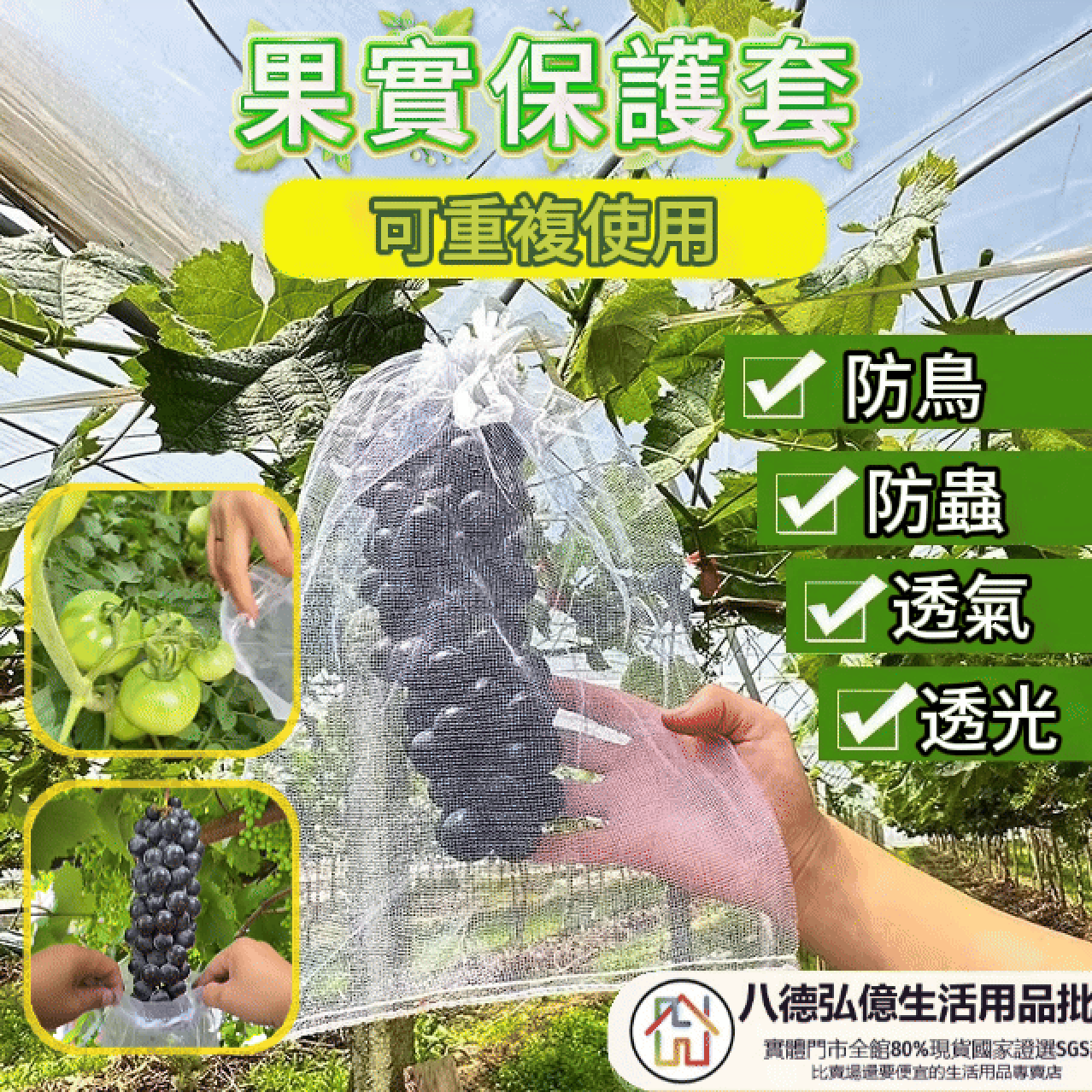 【全台獨家，期間限定】 【果農菜友的智慧選擇】瓜果套袋 物理防蟲：有效阻隔果蠅、蛾類叮咬，無需噴藥！ 防鳥防啄：堅固網層，保護果實免受鳥類侵害！透氣防黴：獨特網格設計，通風透光，減少病害！防曬傷：調節光照，避免烈日灼傷，果面更漂亮！ 輕鬆套袋，安心種植，收穫完美無瑕的豐碩果實！